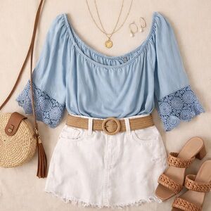Blue Lace Sleeve Women's Top